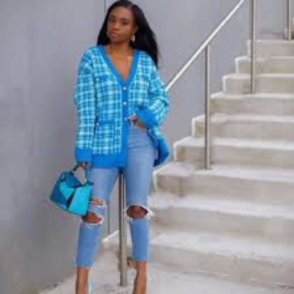 Zara Plaid Knit Jacket Blue Size Medium - Picture 15 of 16